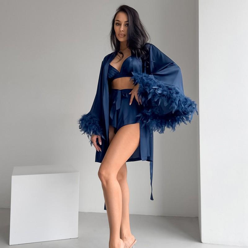 Womens Soft Feather Splicing Pajama Set 3-Piece Thin Breathable Loungewear All