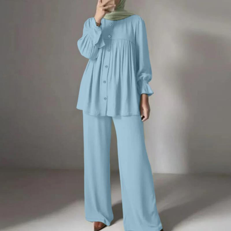 ZANZEA Damen Langarmbluse und Lange Hose Lässige Zweiteiler Anzug Sets M blau
