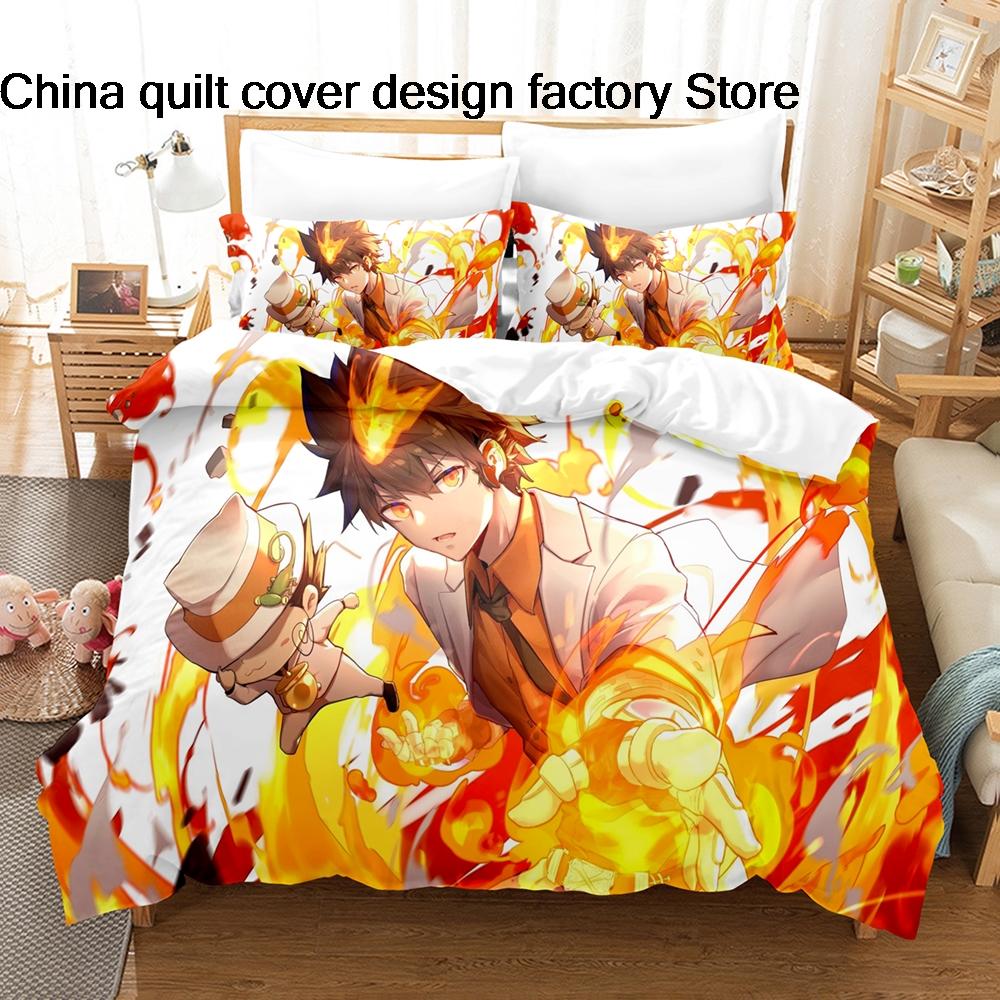 3Pcs Katekyo Hitman Reborn Anime Bedding Set 3D Print Tsunayoshi Sawada Duvet Cover Pillowcases for Teens Fans Room Decor Gift