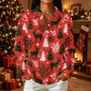 Women's Christmas Print Long Sleeve Button Down Casual Top with Collar and Side Slits