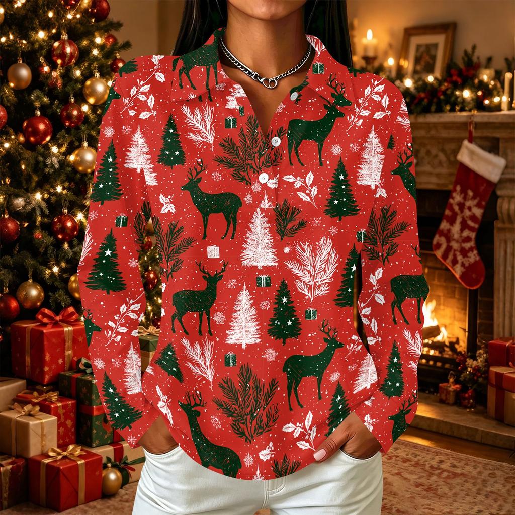 Women's Christmas Print Long Sleeve Button Down Casual Top with Collar and Side Slits