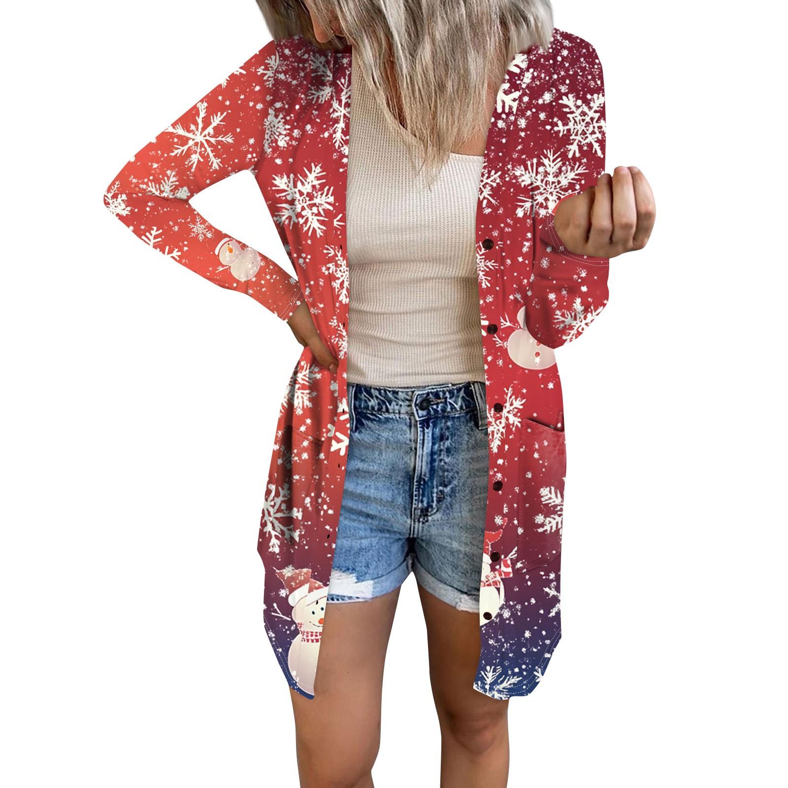 

Женский повседневный кардиган с длинным рукавом и рождественским принтом с карманами S