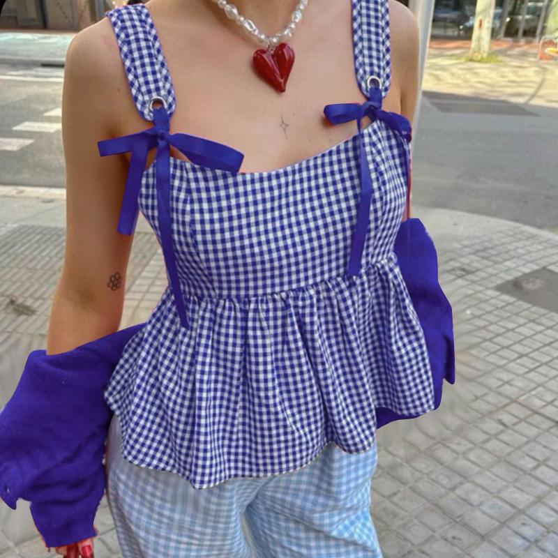 

VONDA Women Summer Strap Bow Knot Sleeveless Plaid Print Casual Tank Tops L синий