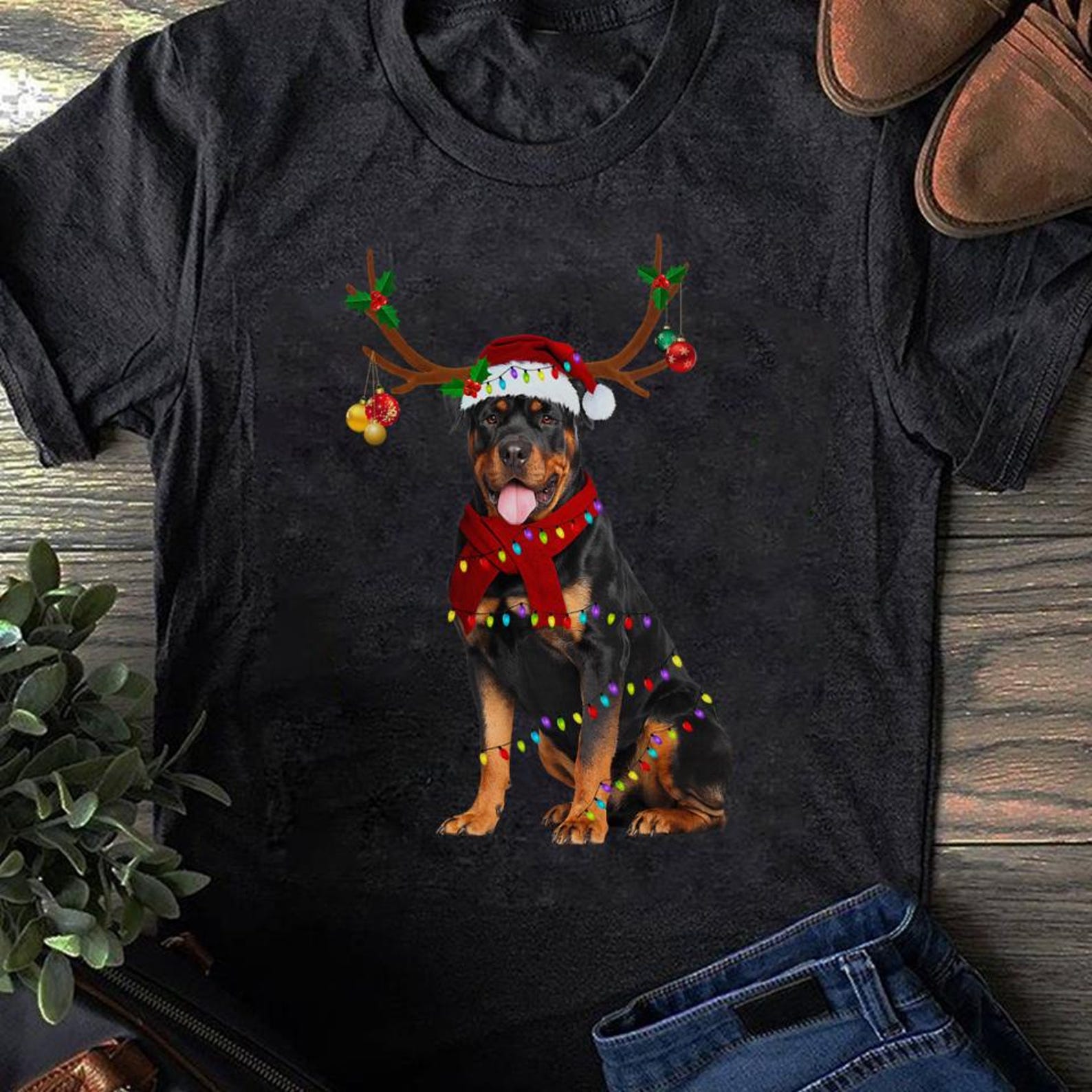 Santa Rottweiler Reindeer Christmas T-Shirt: Funny Dog Lover Gift XXXXL