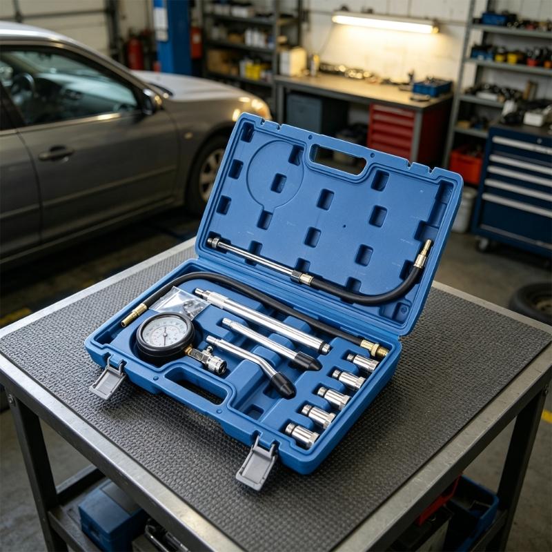 Engine Compression Meter Kit with Flexible Hoses, Extension Pieces and Threaded Fittings for Automotive and Motorcycle Inspection Work