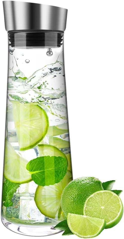 GLASKEY 1200ml Cold Water Jug with Lid, Glass Pitcher, Barley Tea Pot, Clear Glass Tea Kettle for Lemonade, Coffee, and Juice, Refrigerator