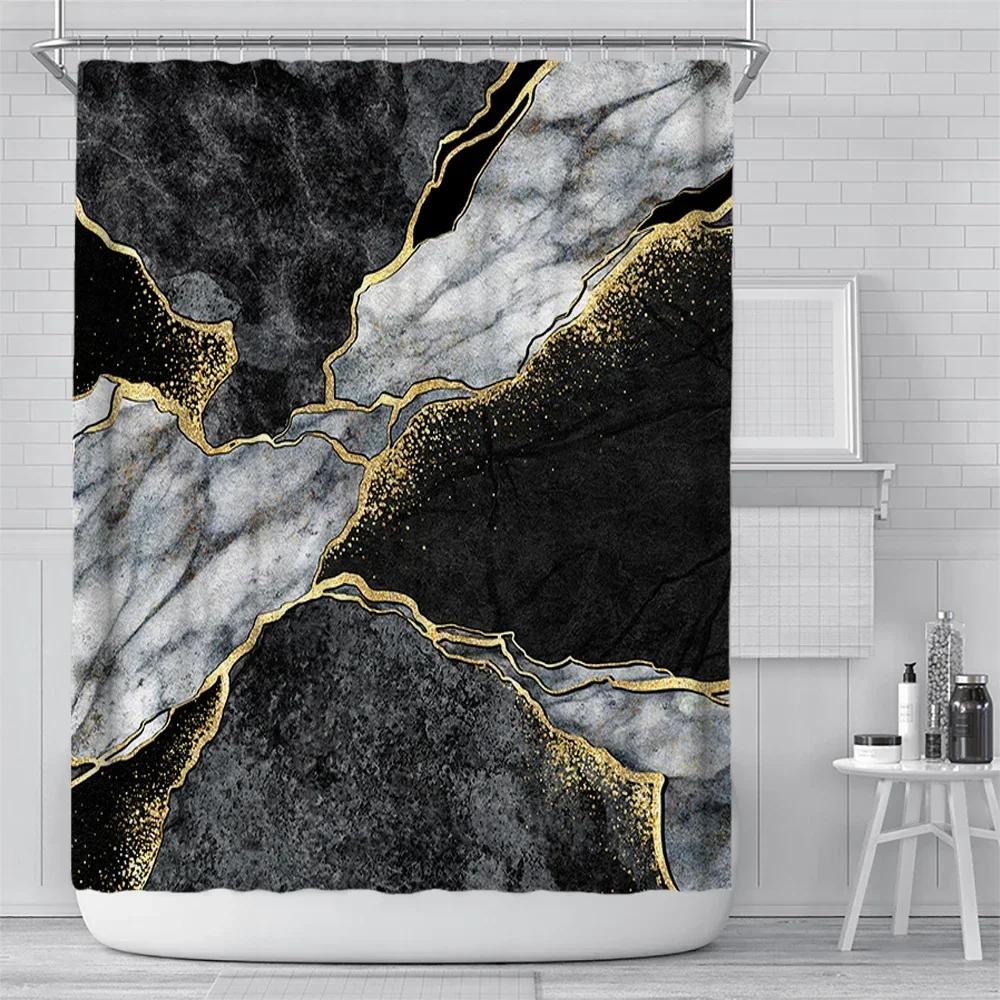 Abstract Navy Blue Gold Marble Shower Curtain Modern Luxury Golden Cracked Lines Fabric Bathroom Curtain Fashion Decor with Hook