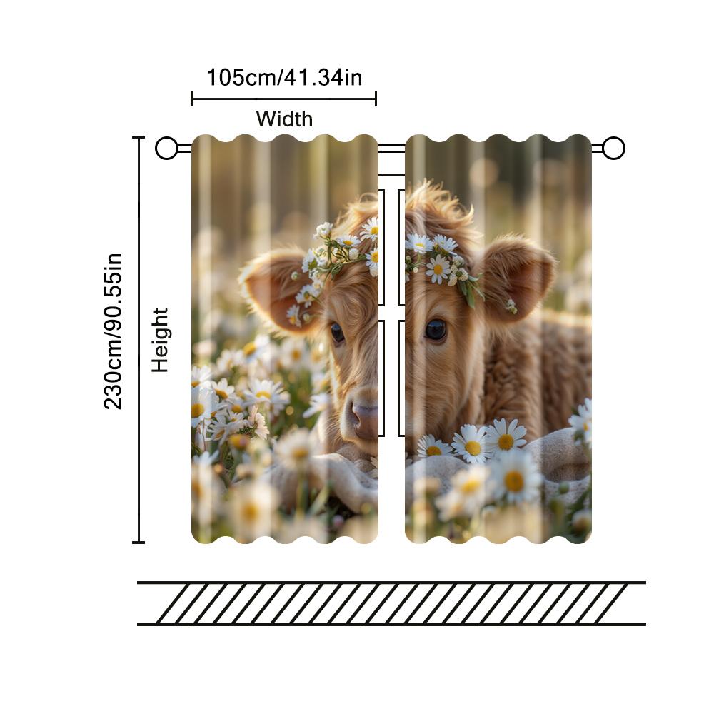 2 Pcs, Filtering Curtains (excluding Rods, Non-movable, Without Batteries) Rustic Highland Cow with Daisy Wreath for Use In