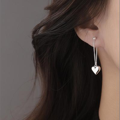 S925 Silver Simple Pair Love Heart Drop Earrings For Women Vintage Smooth Heart Shaped Chain Tassel Earrings Fine Party Jewelry