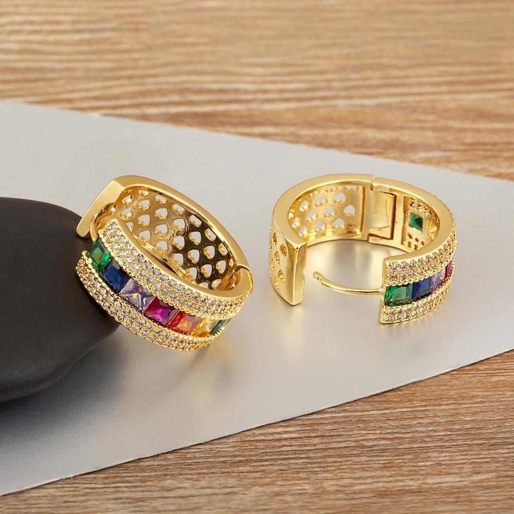 Nidin Hot Sale Vintage Rainbow Cubic Zirconia Geometric Hoop Earrings For Women Female Personality Fashion Ear Jewelry Gifts