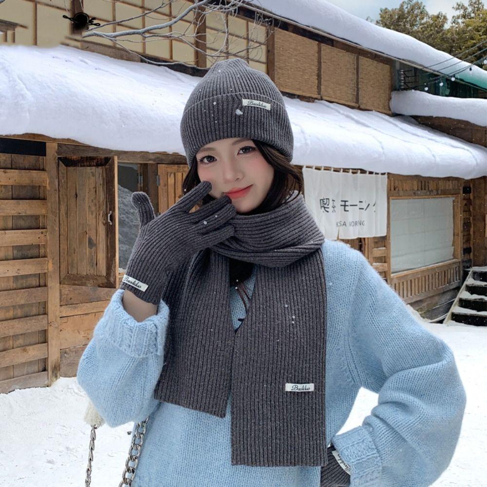 Wool Hat Scarf Gloves Set Warm Winter Beanie Hat Fleece Lined Thermal Knit Cap  Winter