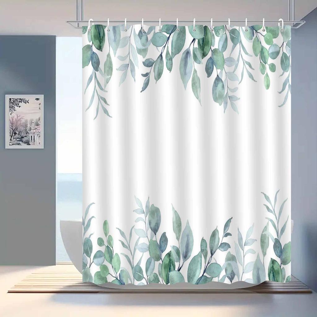 1pc green fresh plant leaf shower curtain, high-end elegant bathroom curtain, bathroom decoration pattern