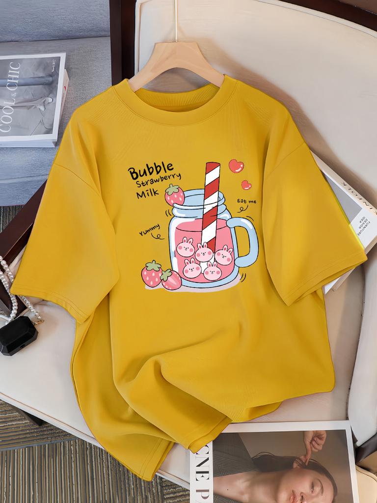 Delicious Strawberry Beverage Print Women T Shirt Summer Breathable Tee Cotton Street Clothing Casual Sport Cool Short Sleeve