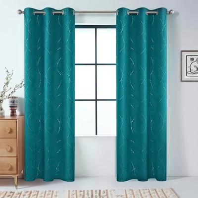 1pc Lake Blue Blackout Curtain – Gold Foil Geometric Line Pattern, Grommet Top Modern Window Drape