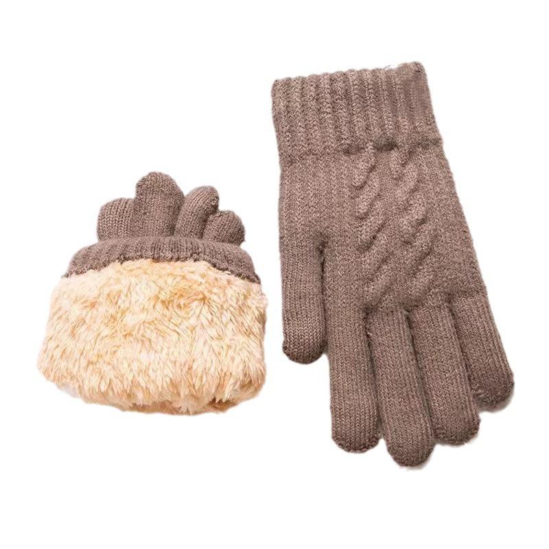 Winter Trendy Solid Color Double-layer Velvet Thickened Gloves For Women Knitted Outdoor Cold-proof Cycling Touch Screen Gloves