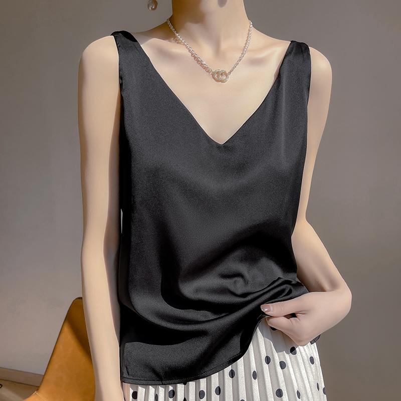 Simulation Silk Sling Vest, Women's Inner Suit, Black and White Bottomed Satin, Mulberry Silk Acetic Acid Top, Summer V-neck