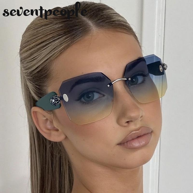 Oversized Rimless Square Sunglasses Women  Luxury Brand Trendy Punk Frameless Sun Glasses For Ladies Vintage Outdoor Shades