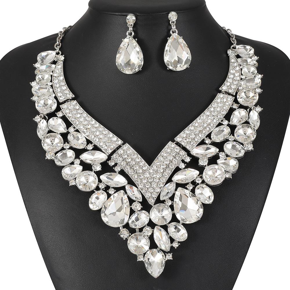 2026 Jewelry European and American Fashion Exaggerated Crystal Gemstone Necklace Earrings Jewelry Set Bridal Wedding Dress Versatile 45CM белый