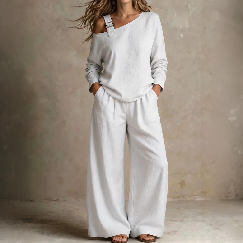 Women's Color Off Shoulder Long Sleeve Two Piece Set with Pockets and Pants