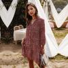 Women Casual Summer Mini Dress V-neck Single Breasted Print Above Knee Three Quarter Sleeve Sizes S-XL Black White Burgundy