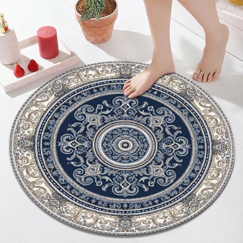 Large Decorative Round Area Rug Blue and Beige Ornate Moroccan Pattern Circular Living Room Home Decor Accent Mat