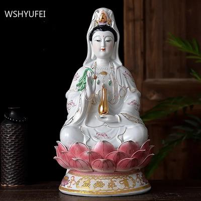 Seramik Oturma Lotus Nanhai Guanyin Süslemeleri Buda Heykeli İbadet Süslemeleri Gelenek Feng Shui Dekorasyonu Ev Aksesuarları