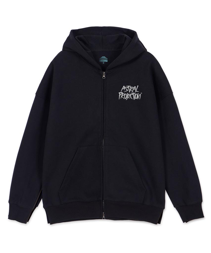 Astral Projection Graffiti Lettering Oversized Wide Shoulder Zip-Up Hoodie_Black