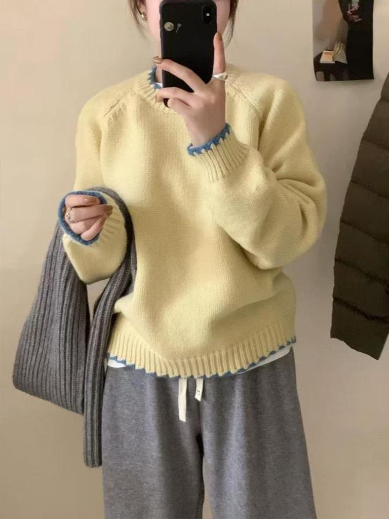 Korean Style Color Block Round Neck Pullover Sweater - Retro Loose Slimming Soft Knitwear Top for Women