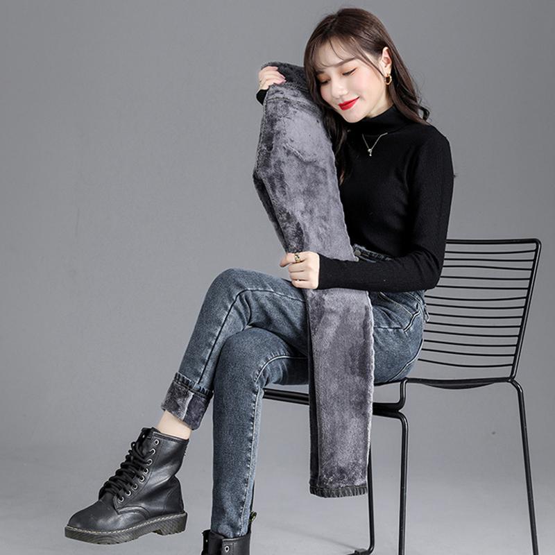 Winter Slim Fit High Waist Denim Jeans Women Solid Warm Velvet Denim Pencil Pants Casual Straight Solid Vintage Office-lady Jeans Trousers 30108