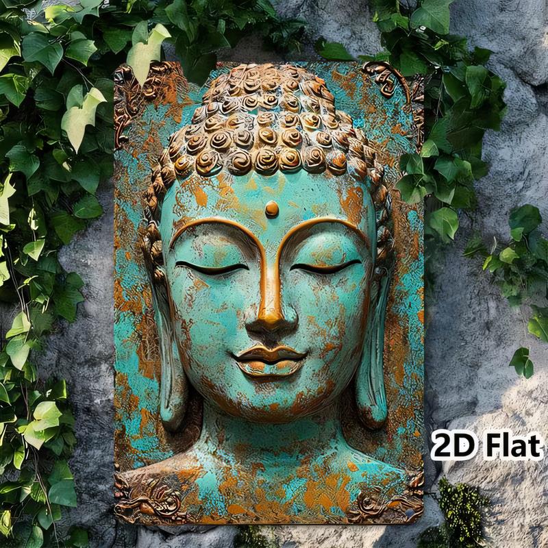 Placca di Latta Testa di Buddha Vintage Arte Murale Metallica Patina Azzurra Statua Religiosa Targa Meditazione Yoga Zen Arredamento per la Casa per Soggiorno Tetto