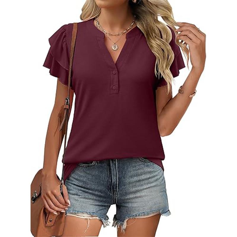 

Women s V-neck Short Sleeved Ruffle Sleeve T-shirt Button Up Shirt XXL бордовий