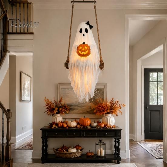 Holiday Home Atmosphere Enhancers Halloween Lighted Ghost Swing with Glowing Pumpkin, Hanging Spooky Decor Decorative Props for Festivals Porch Yard,