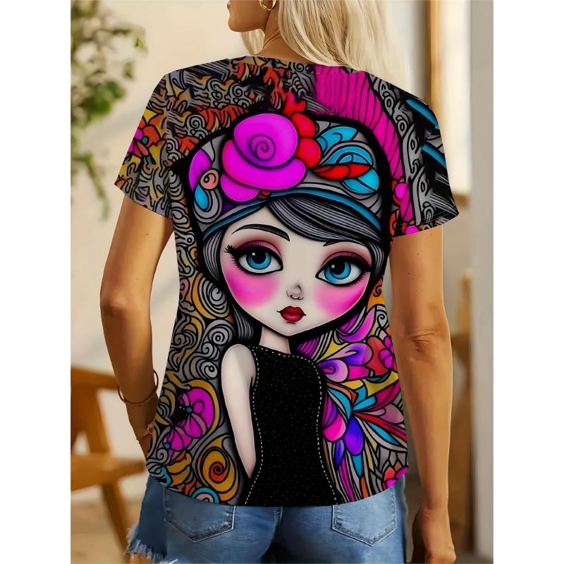 Vibrant Cartoon Girl Women's Tee - Colorful Floral & Swirl Graphic, Bold Artistic Print Design for Casual Daily Wear