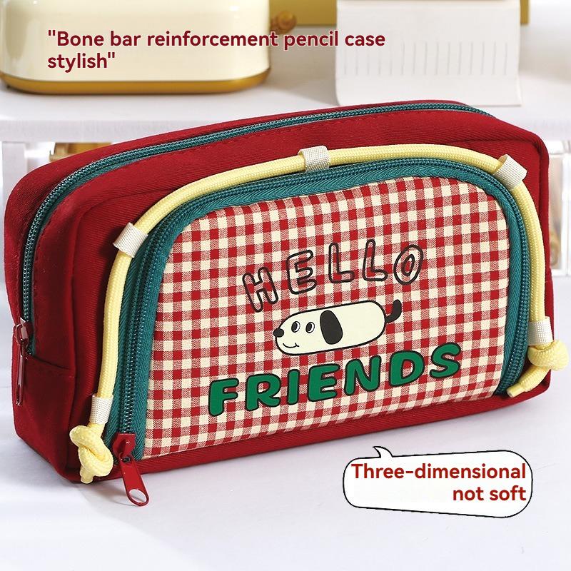 Cartoon Puppy Large Capacity Retro Lattice Window Pencil Bag For Men And Women Universal Cute High Value Dirty Resistant Statio
