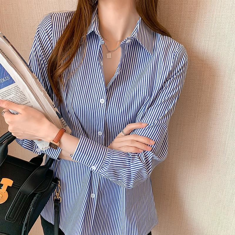 Profession Office Printing Striped Single-breasted Blouse Women New Long Sleeve Turn-down Collar Korean All-match Lady Shirt