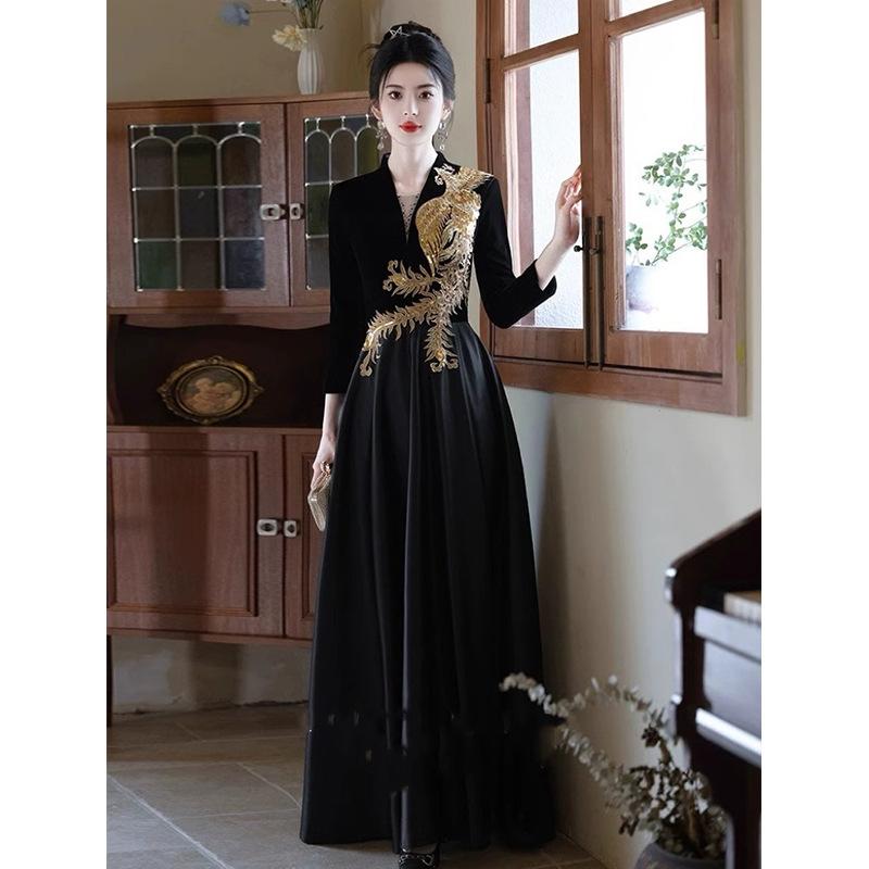 Evening dress female high-end sense black long-sleeved high-end atmosphere annual meeting host vocal art test choir performance suit