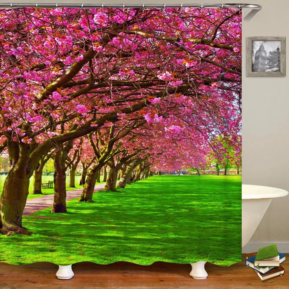Waterproof Fabric 3D Shower Curtain Bathroom Curtain Pink Tree Landscape Polyester Bath Curtain Decorate With Hooks Cortina