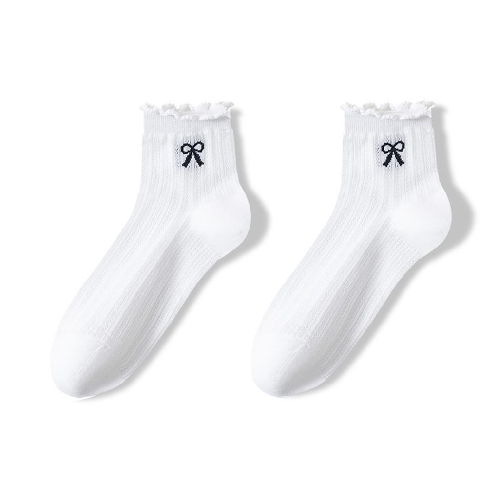 Women’s Lightweight Mesh Ankle Socks Breathable Lace Trim Crew Socks with Bow Embroidery and Hollow Out Design for Everyday Wear
