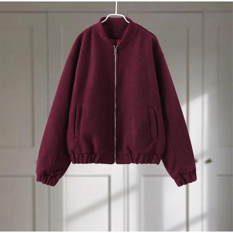 

Повседневная женская короткая бордовая куртка с винтажным О-образным вырезом, карманом на молнии, длинным рукавом, куртка-бомбер 2025 года, весна-осень, женская уличная верхняя одежда L вино красного