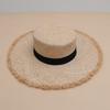 Women's Raffia Rough Edge Woven Black Decoration Adjustable Sunshade Fashion Seaside Vacation Beach Straw Hat Summer