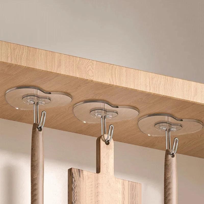 Heart Shape Transparent Hooks Non Punching Plastic Love Hangers Holder Self Adhesive Key Towel Multi-Purpose Hooks Storage Rack