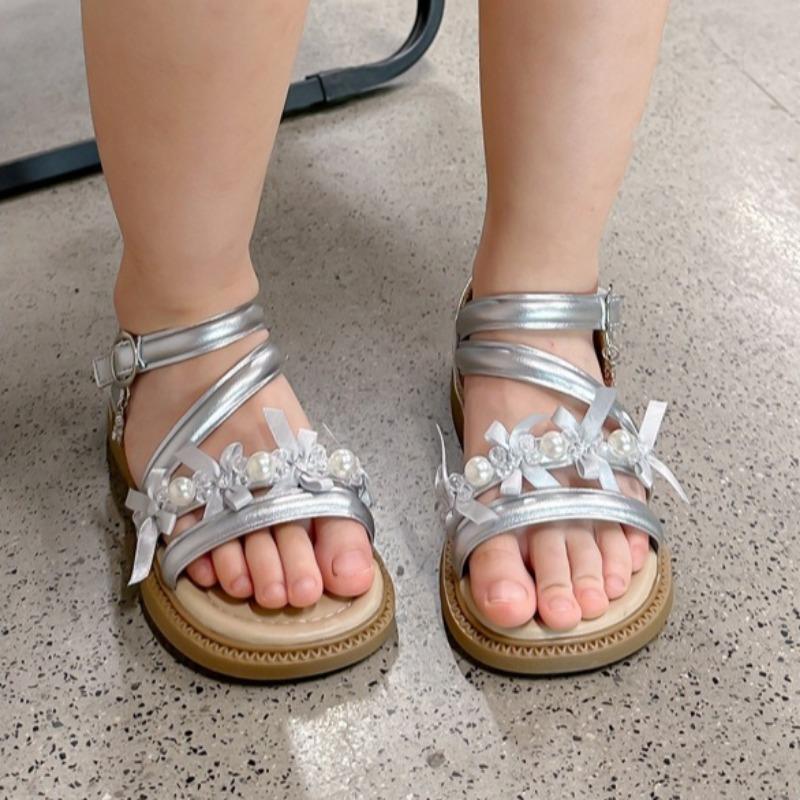 Girls Pearl Sandals Comfort Non-Slip Beach Shoes Hook & Loop Princess Sweet Beach Sandals