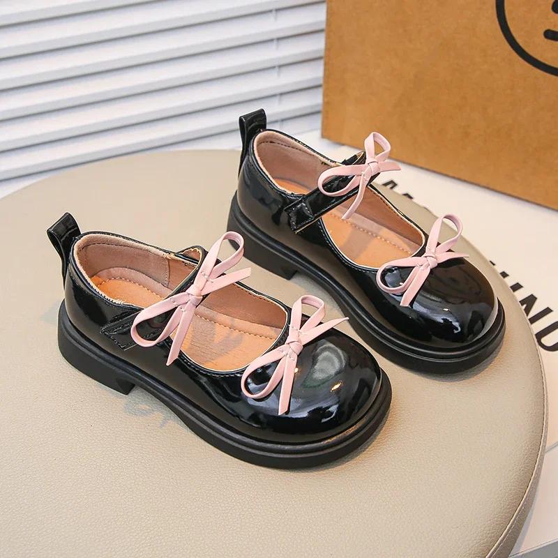 

Girls Princess Shoes Non-slip Soft Sole Kids Leather Shoes Black Glossy 2025 New Fashion Children Performance Dance Shoes Bows 26 чёрный