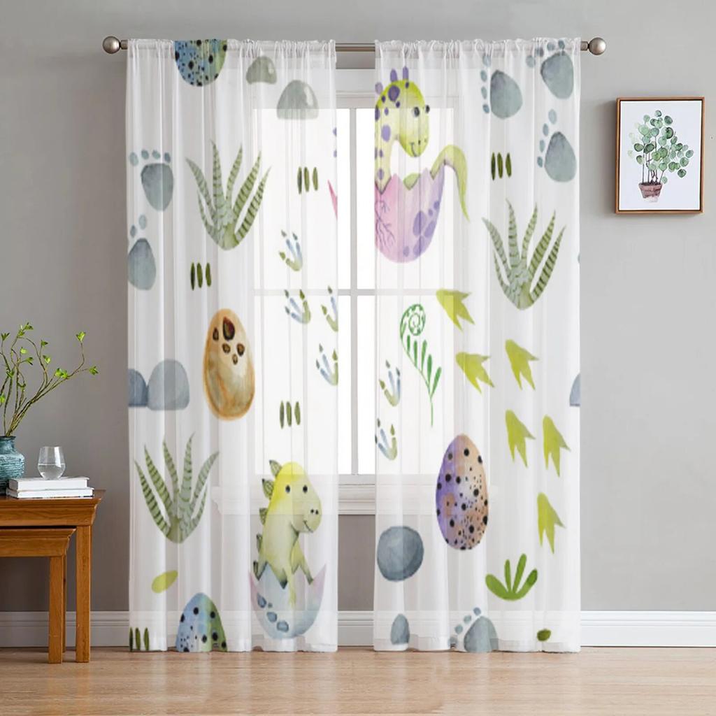 Niedliche Baby-Dinosaurier und Eier, Tüll-Vorhänge für Wohnzimmer-Dekoration, moderne Schleier-Chiffon-Vorhänge, Schlafzimmer, transparenter Voile
