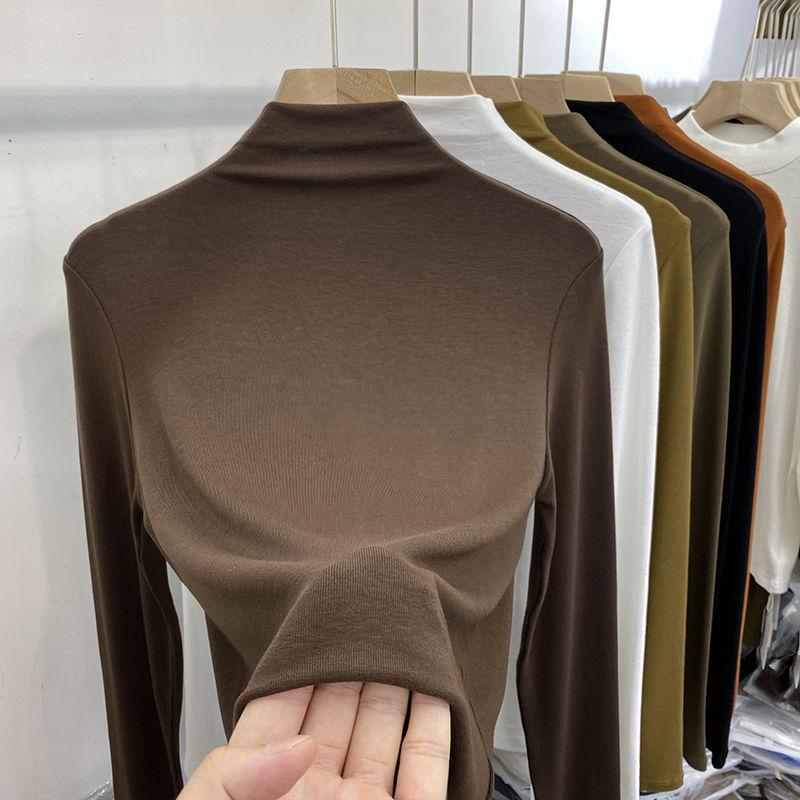 Women's Elastic Slim-Fit Long-Sleeve Half-High Collar Fleece T-Shirt - Soft, Skin-Friendly, 2022 Autumn/Winter Collection