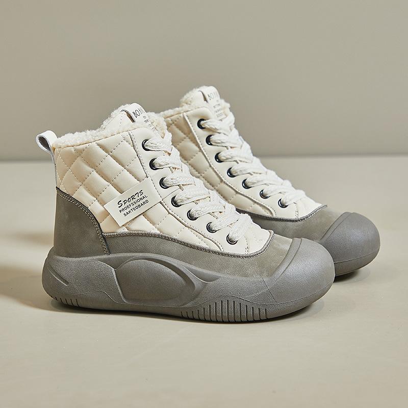 Women's Winter High-Top Sneakers Platform Shoes with Non-Slip Rubber Sole, Beige & Black Cushioned Insole for All-Day Comfort Casual Boots