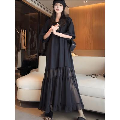 Plus Size French Patchwork Round Neck Summer Dress - Women's Versatile Solid Color Skirt