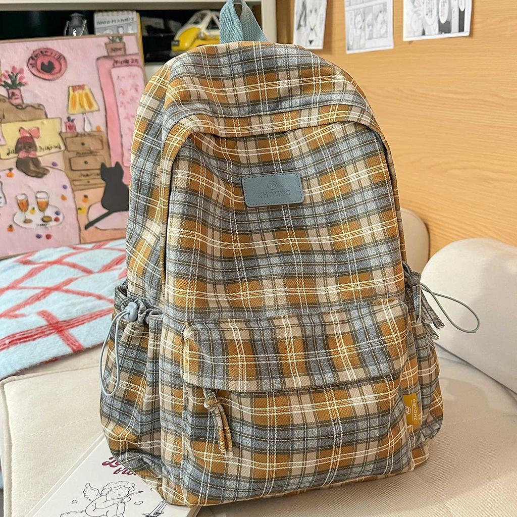 Schoolbag Vintage Versatile Plaid School Bag Junior High School Large Capacity College Student Class Commuter Backpack Travel Lightweight