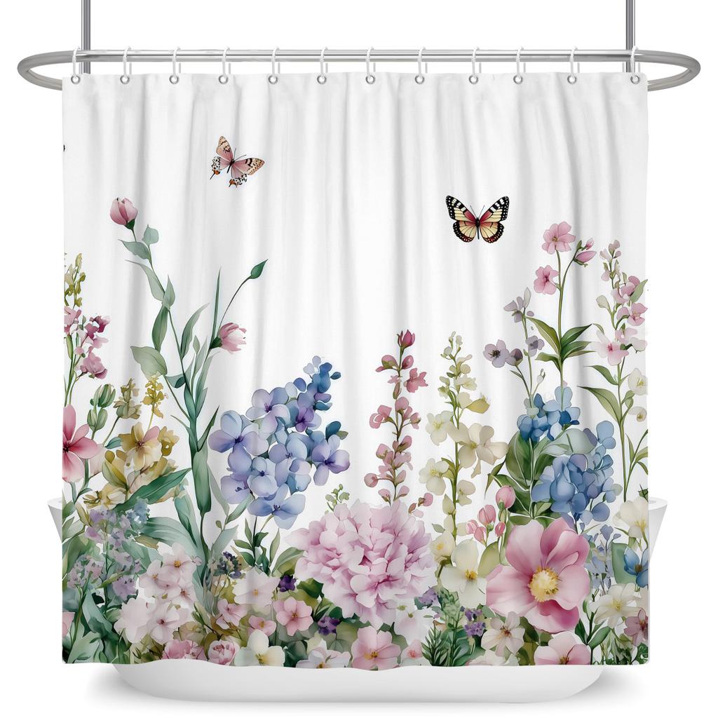 Watercolor Floral Shower Curtain Vibrant Wildflower Butterfly Print Waterproof Bathroom Curtain Decor Polyester With 12 Hooks