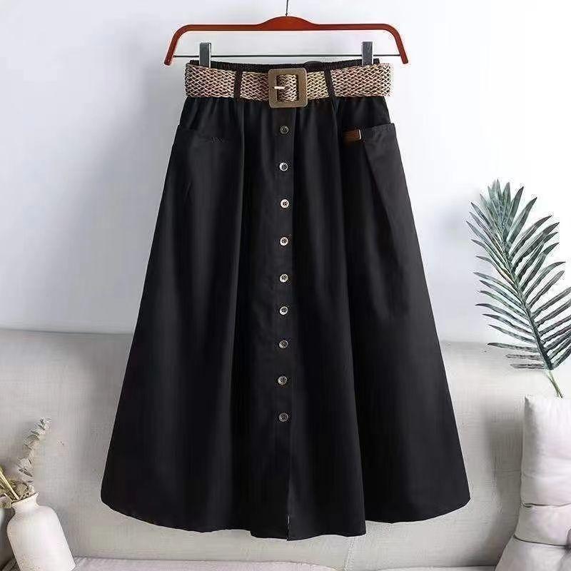 Women's Cotton Skirt Spring Summer Elasticated High-rise Skirt Split Midi A-line Skirt with Belt Pockets